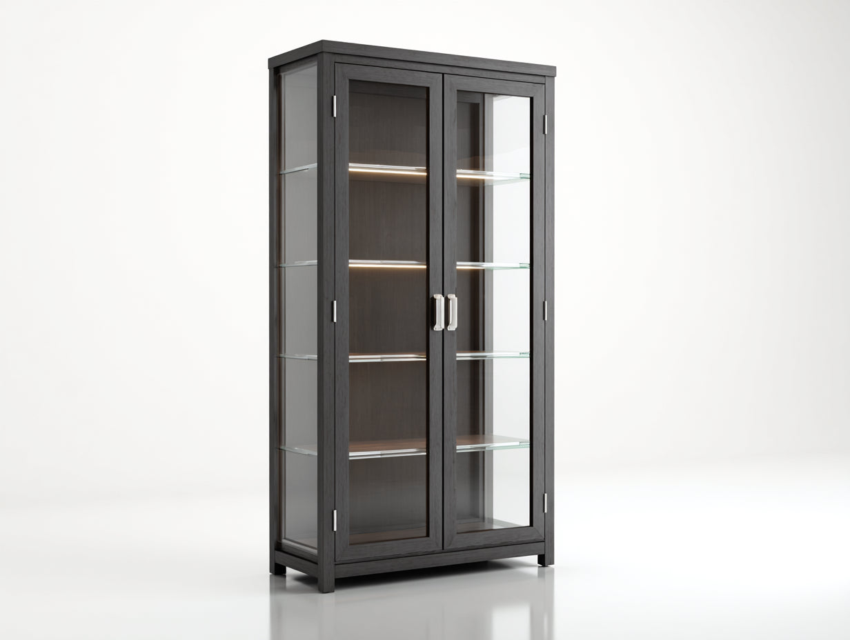 Vitrinen aus Holzwerkstoff und Glas 90 x 40 x 190 cm - Anthrazit - Moderner Vitrinenschrank mit 2 Glastüren und Innenbeleuchtung
