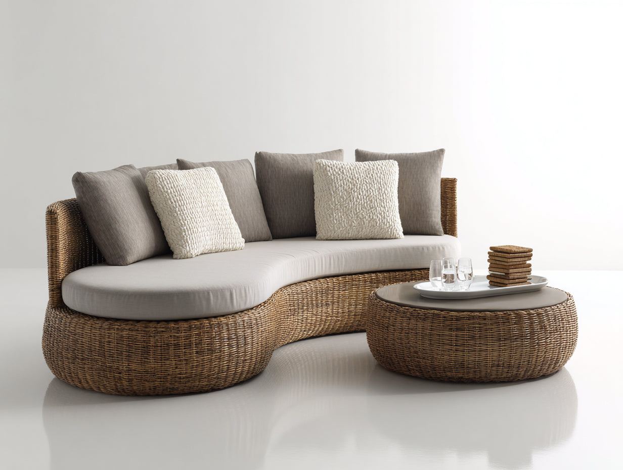 Gartensofa Set 2-teilig aus Rattangeflecht mit Couchtisch 230 x 105 x 86 cm - Braun und Beige - Geschwungenes Design für Terrasse und Wintergarten