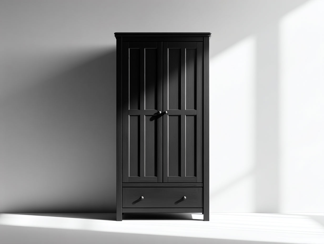 Kleiderschrank aus Holzwerkstoff 90 x 55 x 190 cm - Schwarz und silberfarben - klassisches Design mit 2 Drehtüren und 1 Schublade