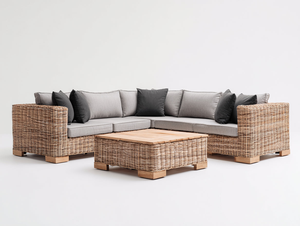 Gartensofa aus Polyrattan 270 x 270 x 82 cm - Natur und Grau - Ecklounge mit gepolsterten Sitzflächen und rechteckigem Couchtisch