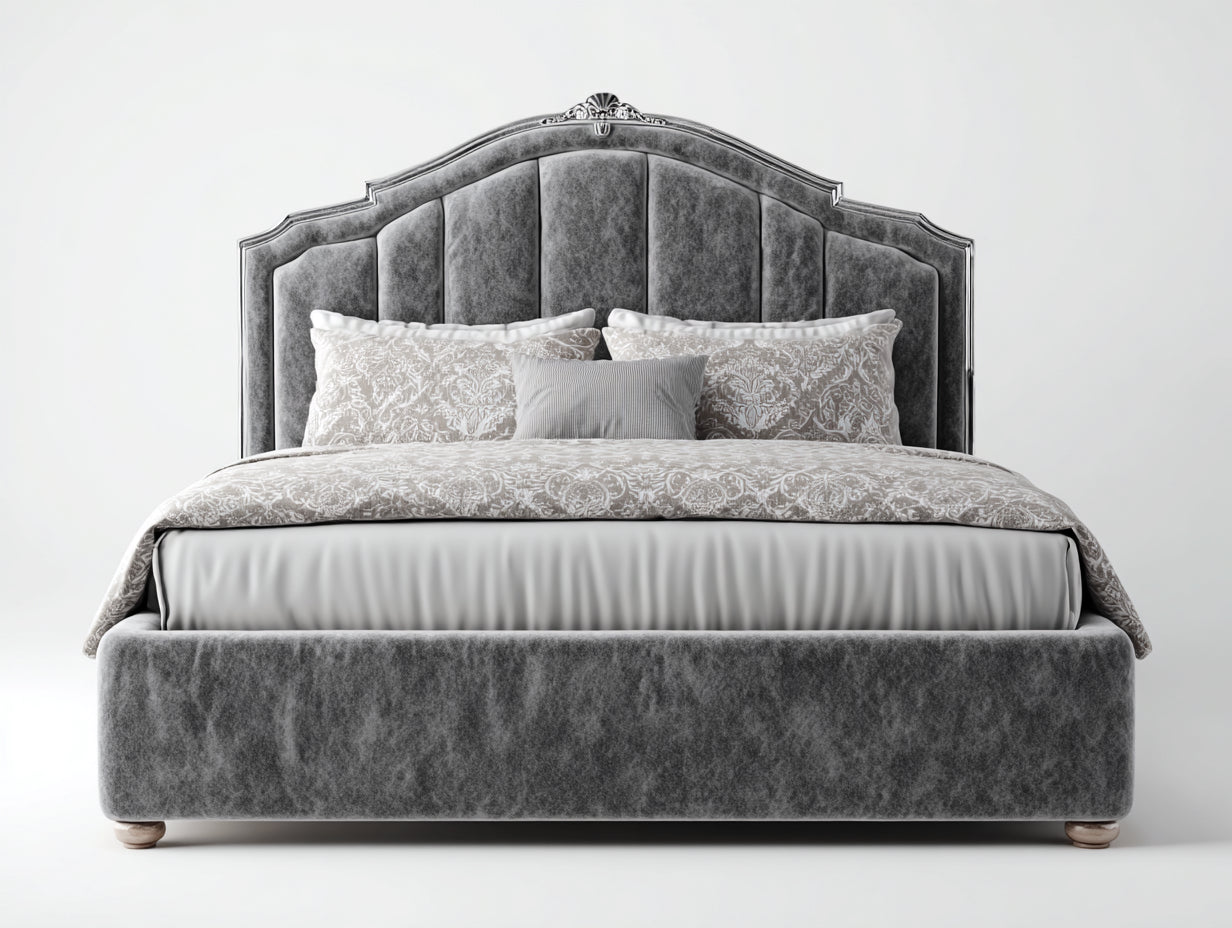 Doppelbett mit Samtstoffbezug 215 x 190 x 145 cm - Grau - Gepolstertes Barockbett mit hohem Segmentkopfteil und Zierkrone