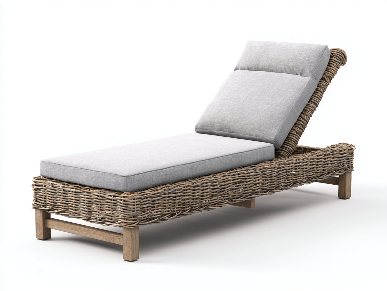 Sonnenliege - Verstellbare Gartenliege aus Rattangeflecht und Holz 200 x 75 x 95 cm - Natur und Hellgrau - Gepolsterte Liegefläche - Modernes Design