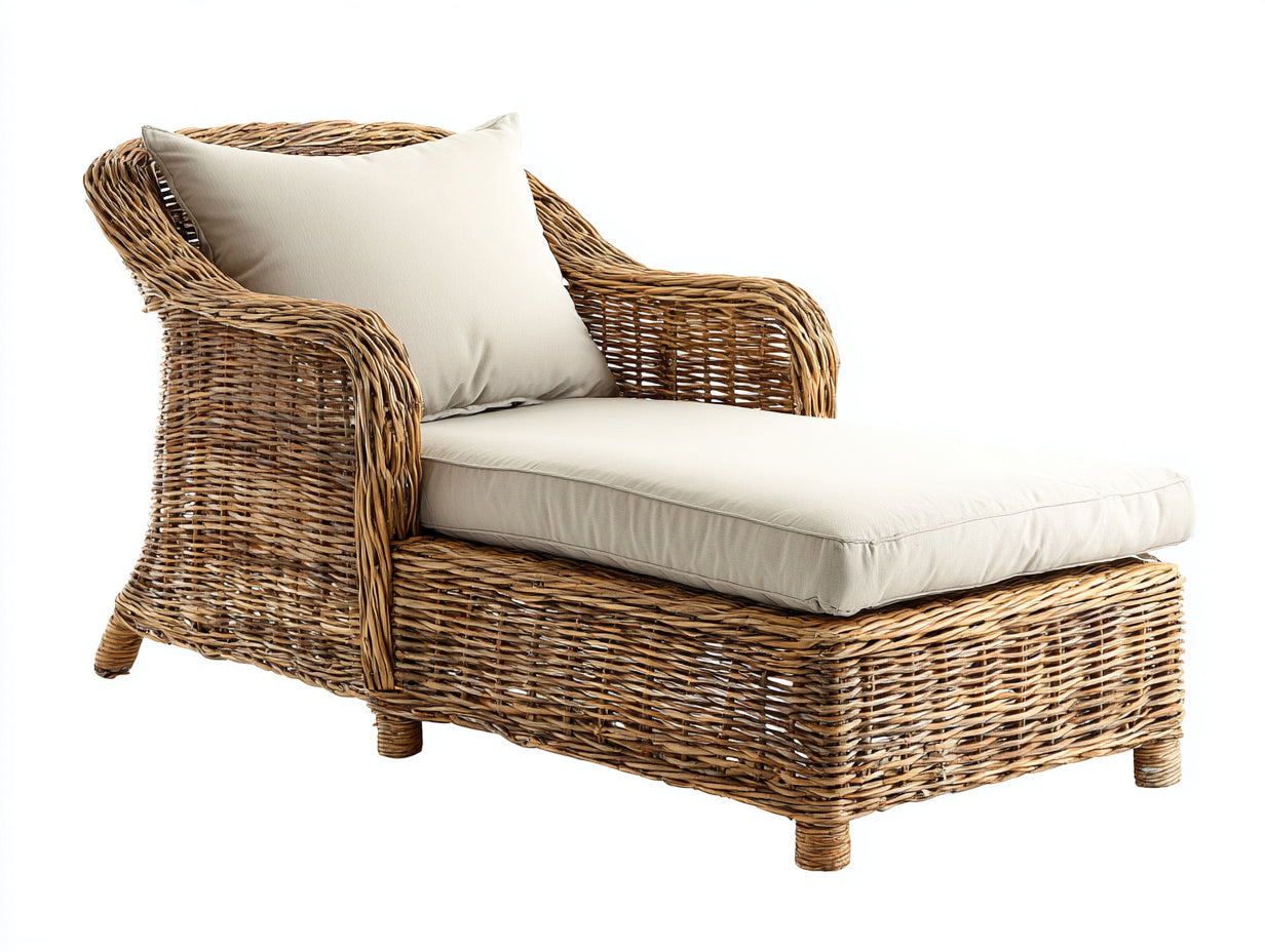 Sonnenliege aus Rattangeflecht 175 x 75 x 85 cm - Naturbraun und Cremeweiß - geschwungene Form mit Armlehnen