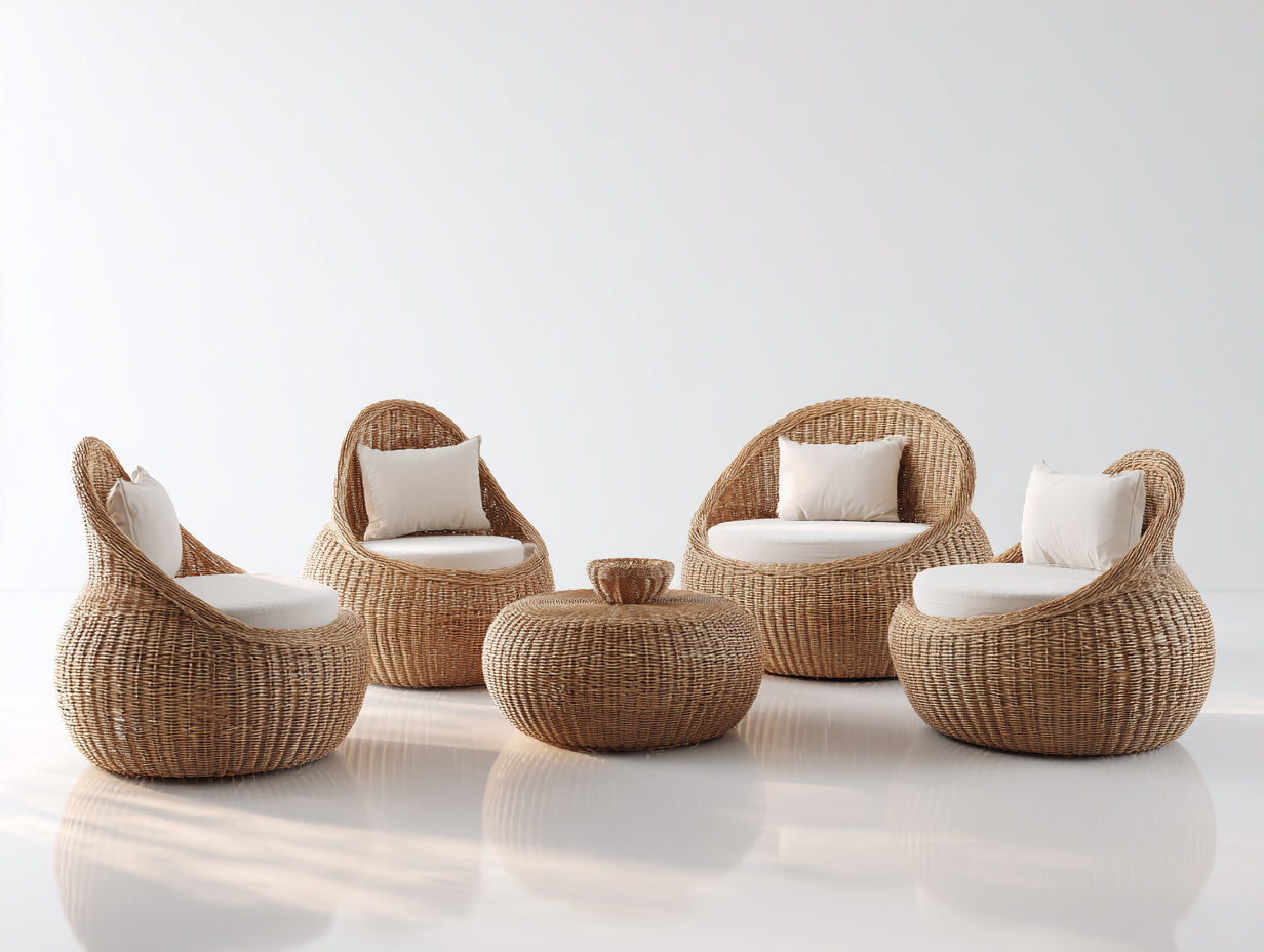 Gartensofa Lounge-Set aus Polyrattan mit Sesseln je 92 x 88 x 90 cm - Natur - 5-teilig mit 4 Loungesesseln und rundem Couchtisch