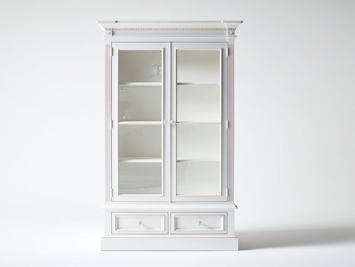 Vitrinen - Vitrinenschrank aus Holzwerkstoff und Glas 110 x 45 x 195 cm - Weiß - 2 Glastüren 2 Schubladen und Ablagefächer - Klassisches Design