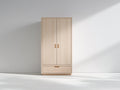 Kleiderschrank aus Holzwerkstoff 90 x 55 x 190 cm - Naturfarben und messingfarben - modernes Design mit 2 Drehtüren und 1 Schublade