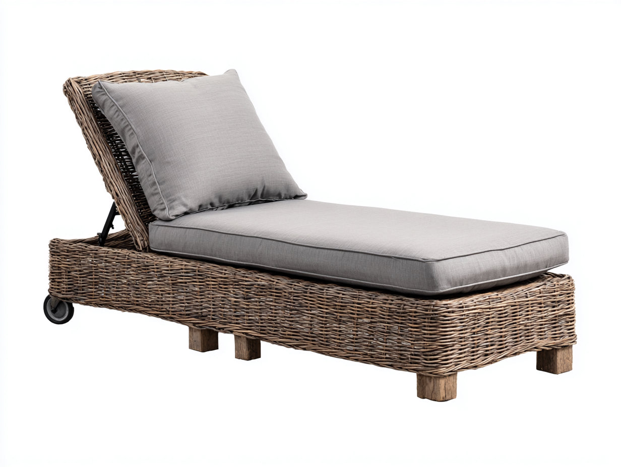 Sonnenliege aus Rattangeflecht mit verstellbarer Rückenlehne und Rollen 200 x 75 x 95 cm - Naturbraun und Hellgrau - Mobile Relaxliege für Garten Terrasse und Poolbereich