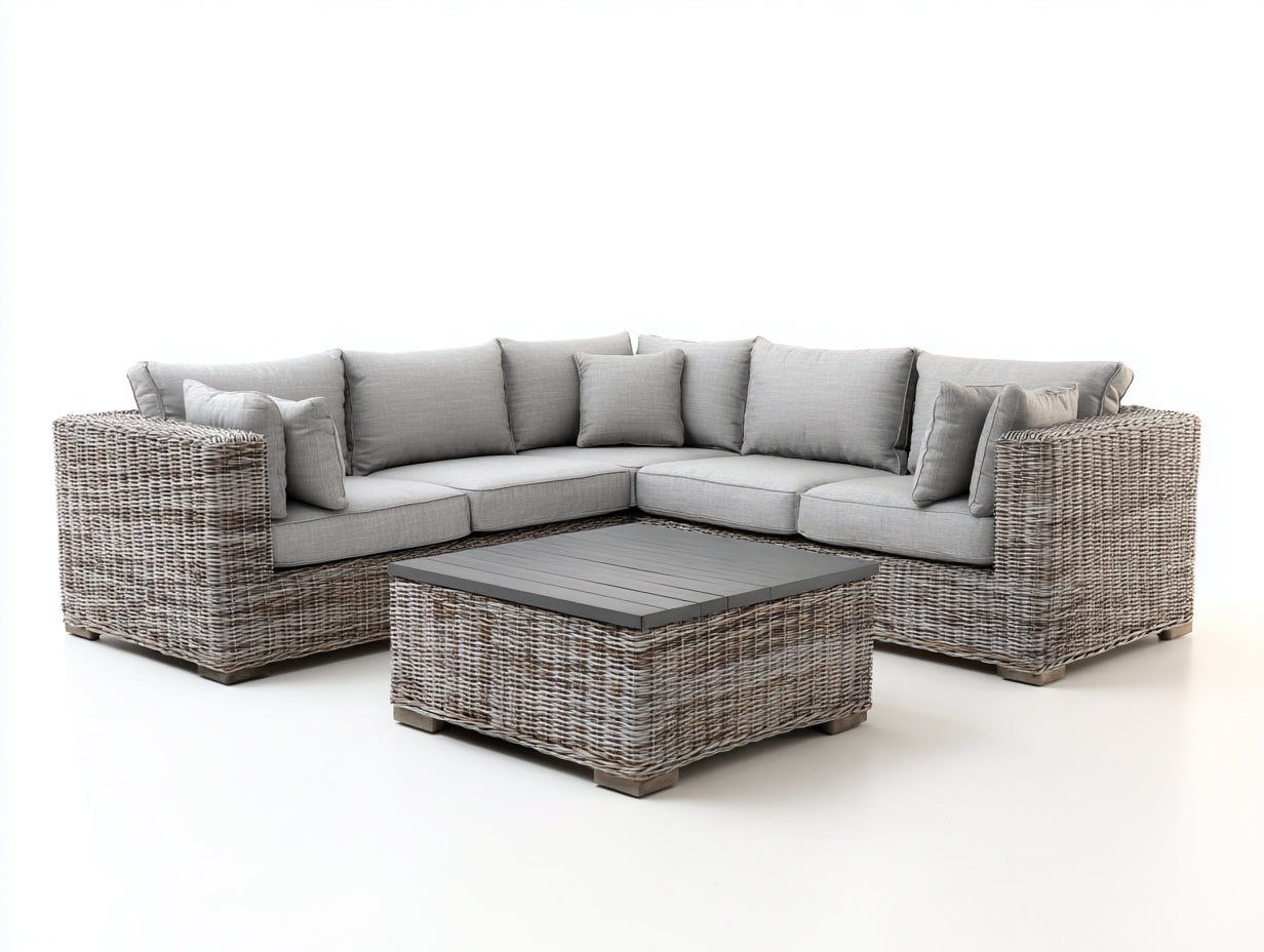 Gartensofa Set aus Polyrattan und Metall 260 x 260 x 78 cm - Naturgrau Hellgrau und Anthrazit - Eckform mit quadratischem Gartentisch