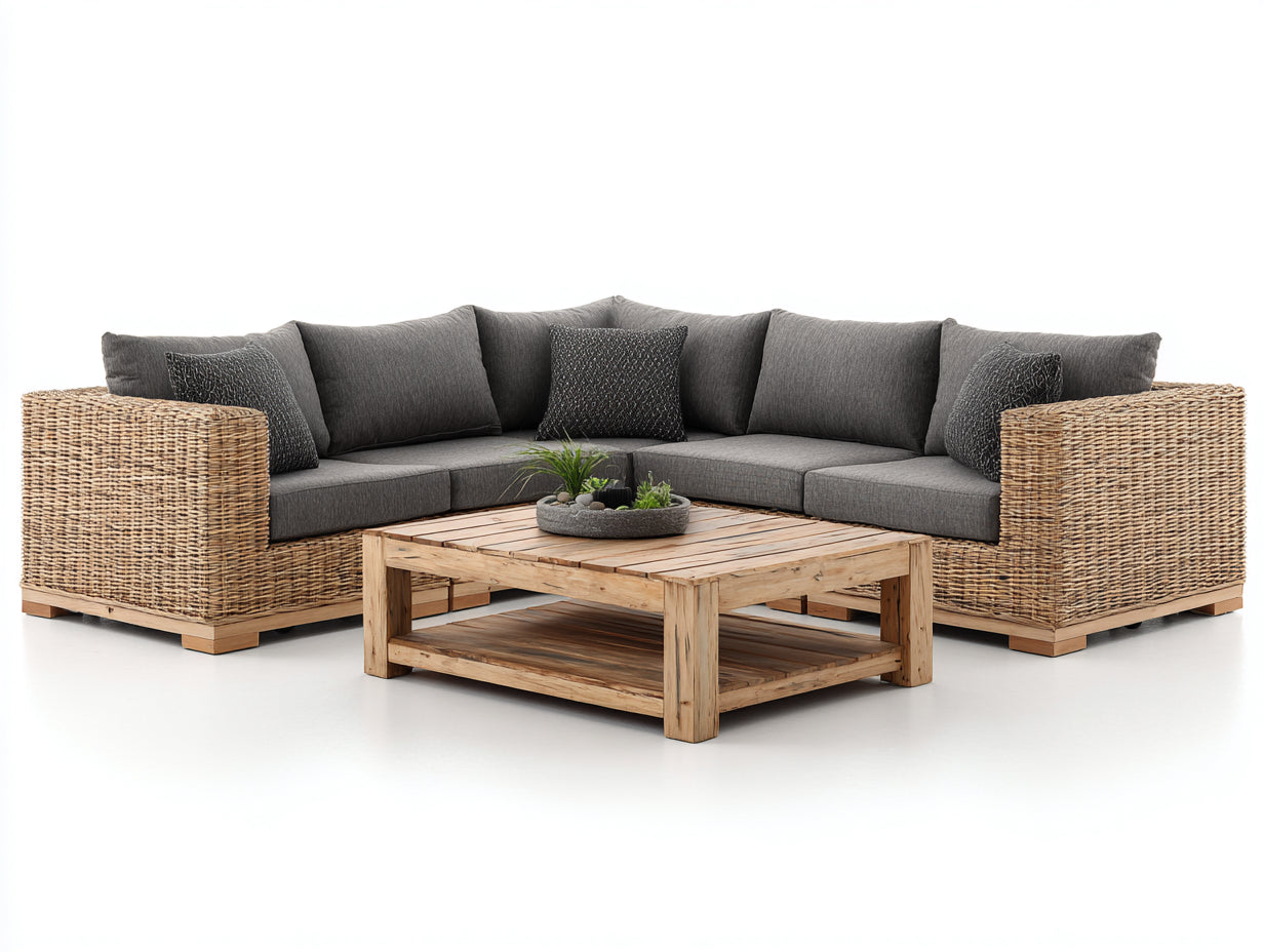 Gartensofa Set 2-teilig aus Rattangeflecht und Holz mit Couchtisch 250 x 250 x 86 cm - Naturbraun und Dunkelgrau - Großzügiges Eckdesign für Garten und Terrasse