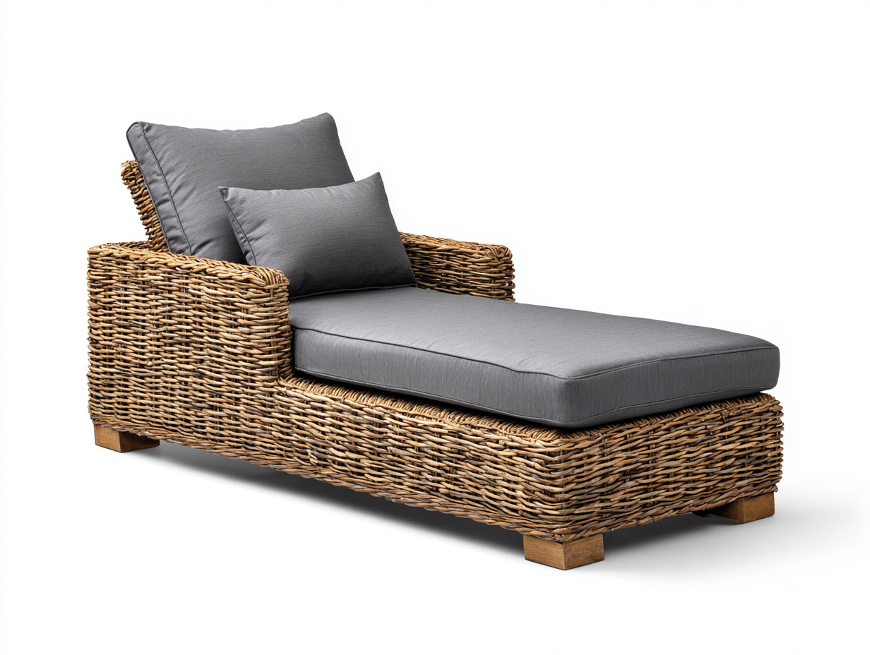 Sonnenliege aus Rattangeflecht und Stoff 180 x 85 x 85 cm - Naturbraun und Anthrazit - Gepolsterte Liegefläche mit Armlehnen