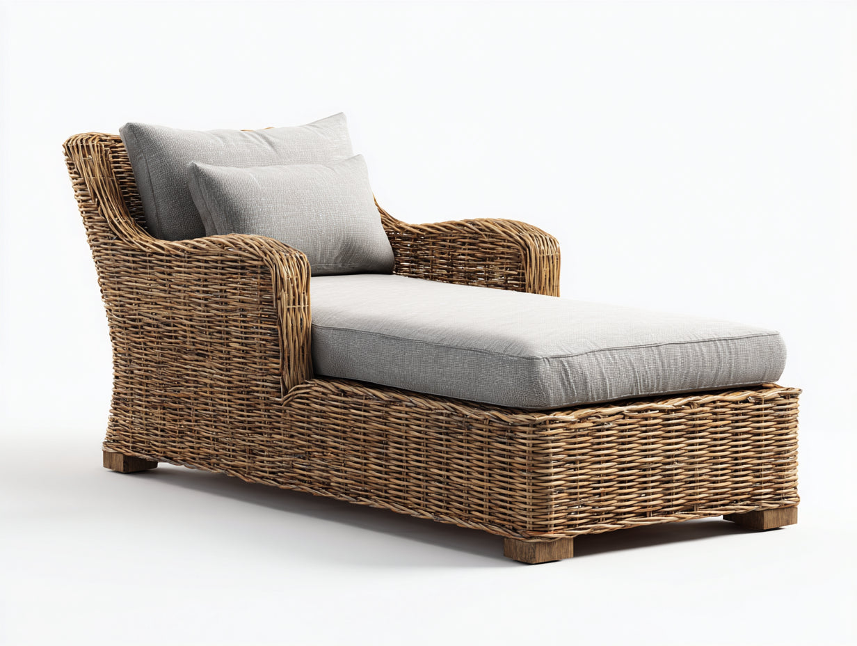 Sonnenliege aus Rattangeflecht mit Armlehnen 180 x 88 x 90 cm - Naturbraun und Hellgrau - Komfortable Relaxliege für Terrasse und Wintergarten