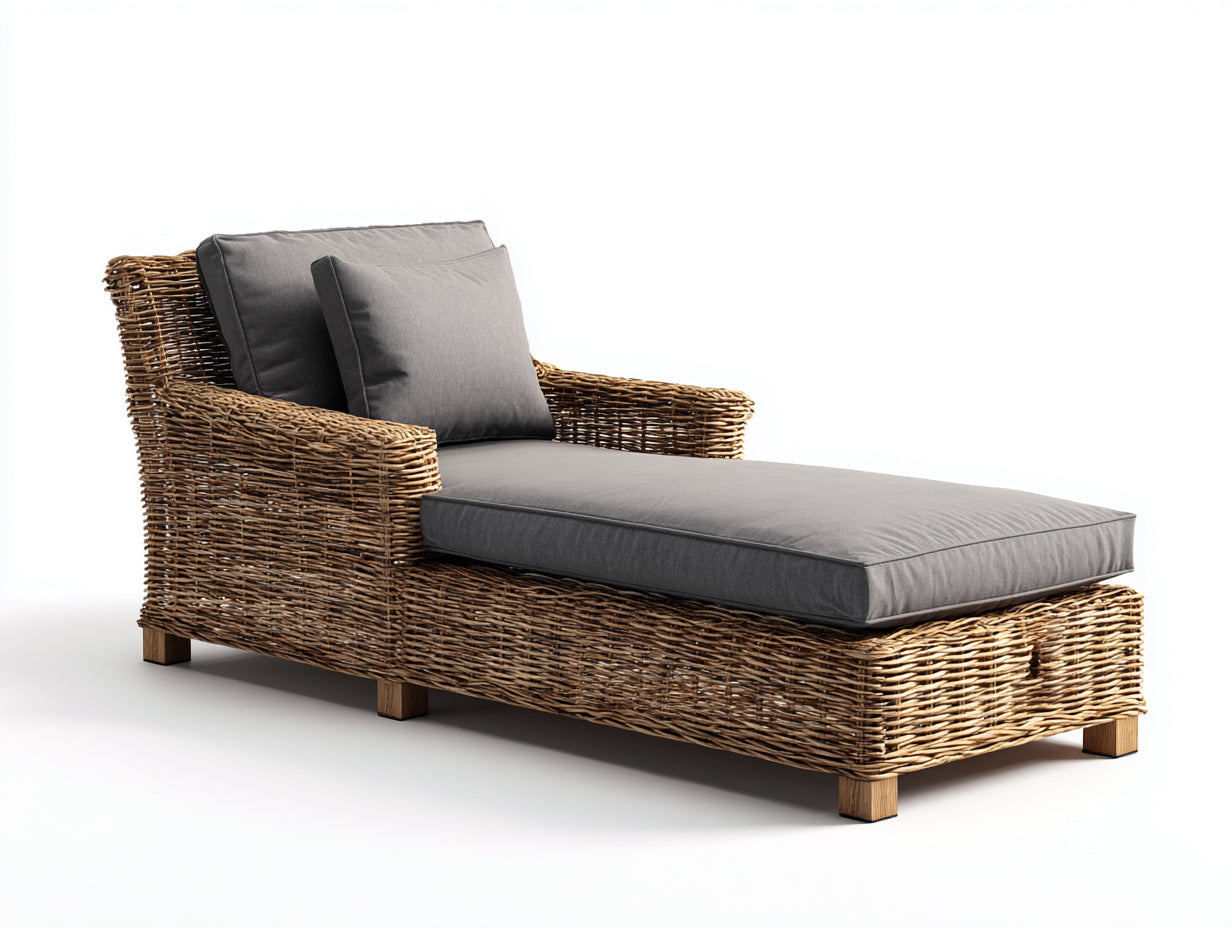 Sonnenliege aus Polyrattan 200 x 82 x 90 cm - Braun und Grau - Gepolsterte Gartenliege mit geneigter Rückenlehne und breiten Armlehnen