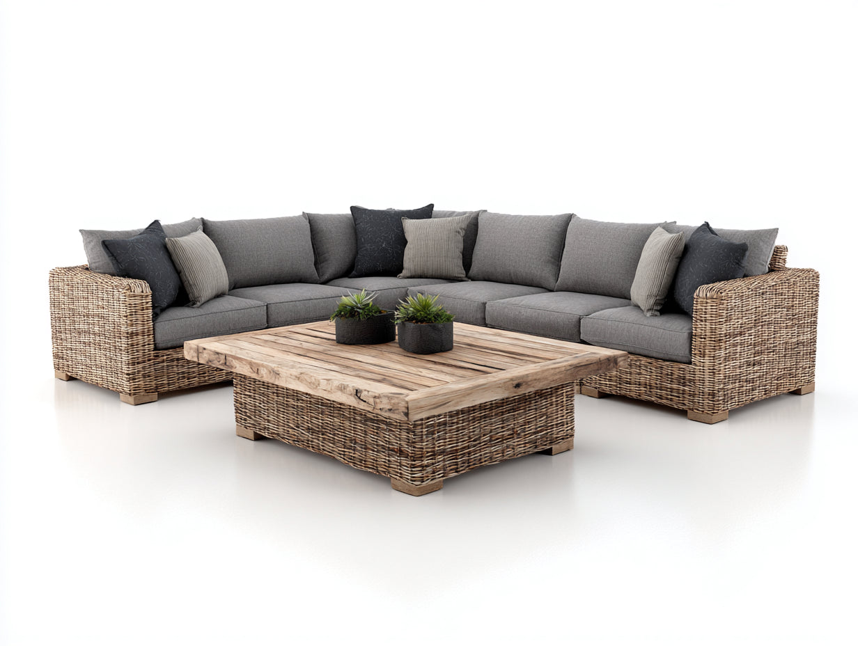 Gartensofa - Großes Ecksofa aus Polyrattan mit quadratischem Couchtisch - 330 x 250 x 82 cm - Natur und Grau - 7 Sitzplätze - Modernes Design