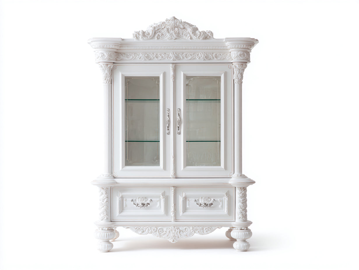 Vitrinen aus Holzwerkstoff und Glas 125 x 48 x 205 cm - Weiß - Klassischer Vitrinenschrank im Barockstil mit 2 Glastüren und 2 Schubladen