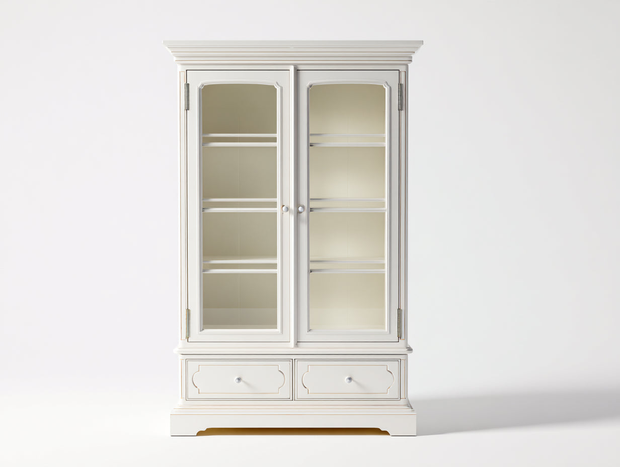 Vitrinen aus Holzwerkstoff mit Glasfront 105 x 42 x 190 cm - Cremeweiß und goldfarben - klassisches Design mit 2 Türen und 2 Schubladen