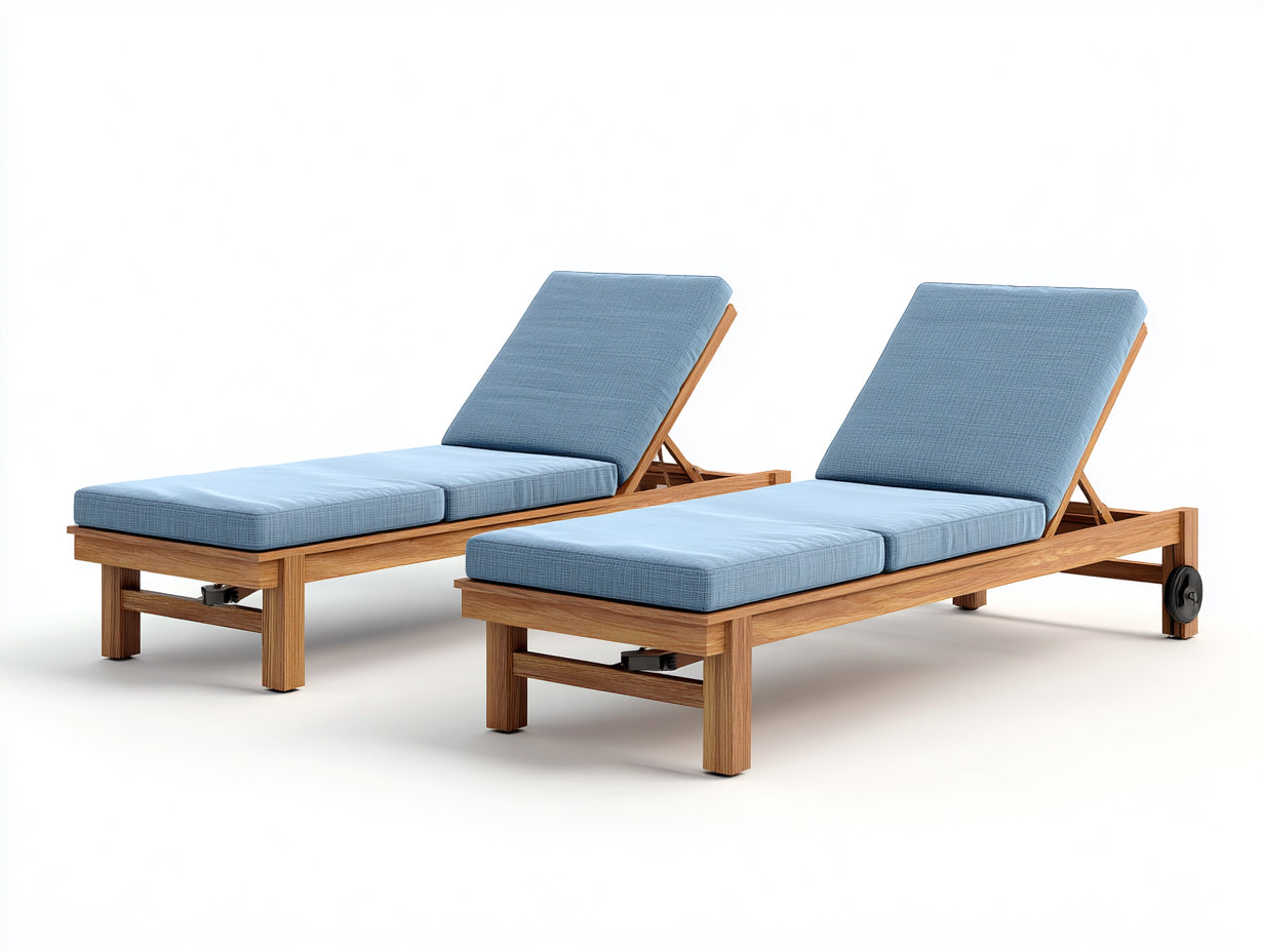 Sonnenliege 2er Set aus Holz 200 x 70 x 88 cm - Naturholz und Blau - Verstellbare Rückenlehnen mit Rollen