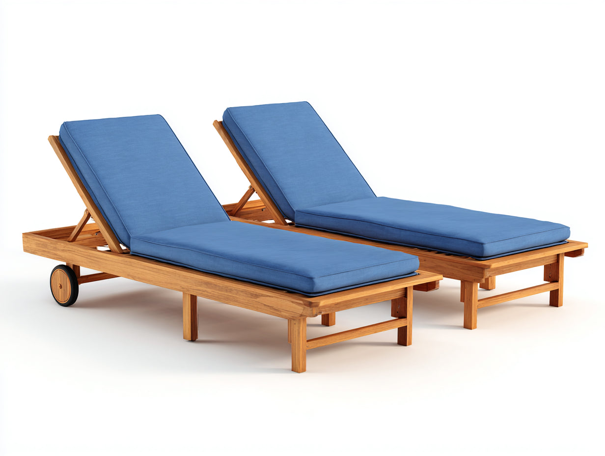 Sonnenliege 2er Set aus Holz mit verstellbarer Rückenlehne und Rollen 200 x 68 x 90 cm - Naturholz und Blau - Mobile Relaxliegen für Garten Terrasse und Poolbereich