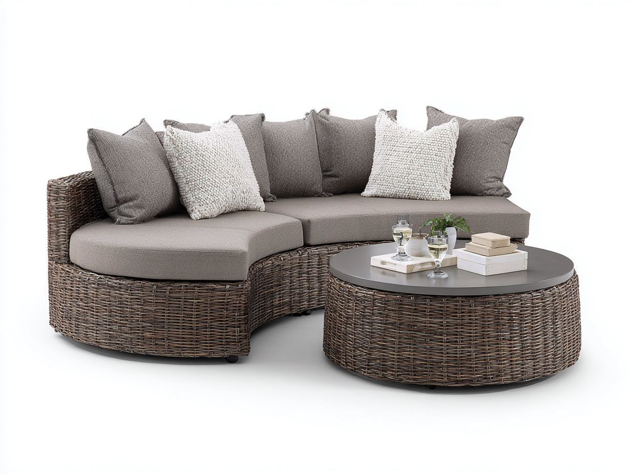 Gartensofa aus Polyrattan 285 x 190 x 78 cm - Braun und Taupe - Geschwungenes Lounge-Set mit rundem Couchtisch