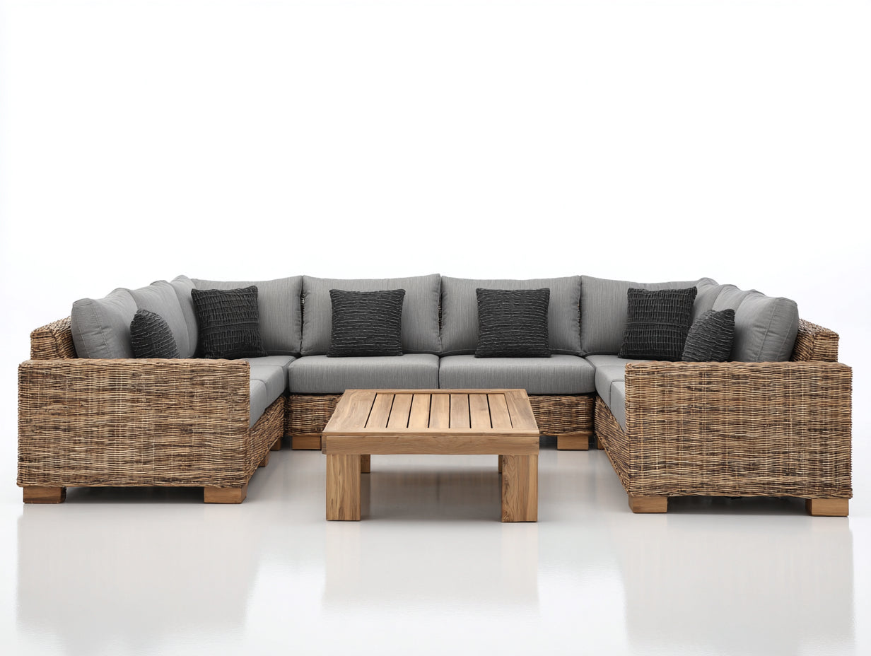 Gartensofa Set aus Polyrattan und Holz 320 x 220 x 75 cm - Naturbraun und Grau - U-Form mit Gartentisch