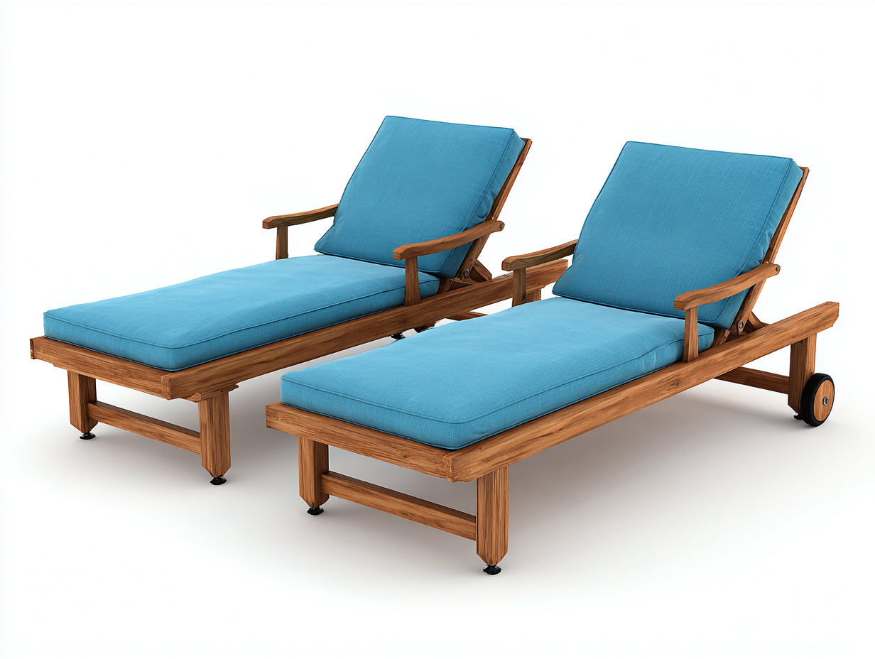 Sonnenliege - 2er-Set verstellbare Gartenliegen aus Holz 200 x 70 x 94 cm - Natur und Blau - Armlehnen Rollen und gepolsterte Liegeflächen - Modernes Design