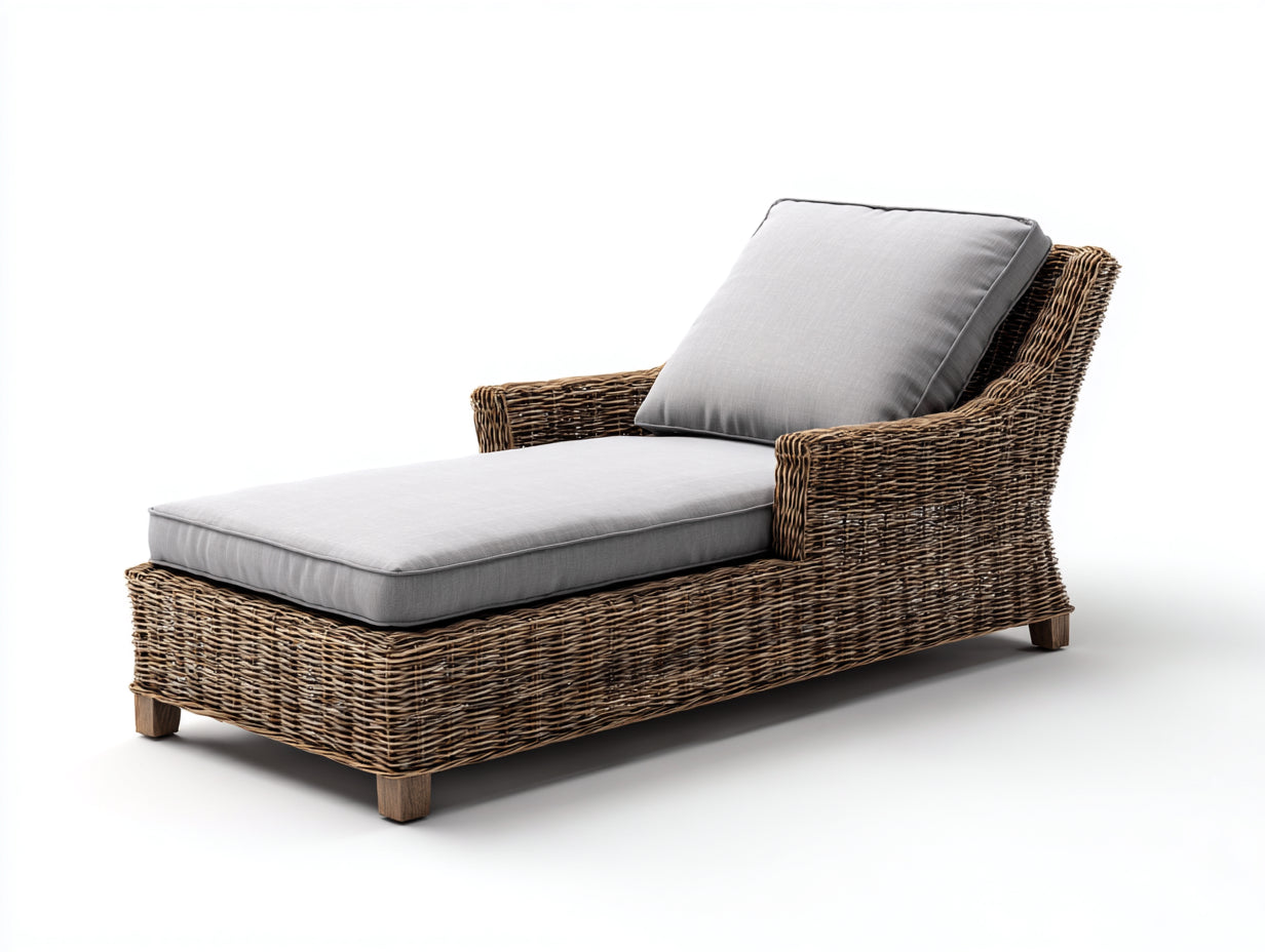 Sonnenliege aus Polyrattan 198 x 79 x 89 cm - Braun und Hellgrau - Gepolsterte Gartenliege mit geneigter Rückenlehne breiten Armlehnen und Holzfüßen