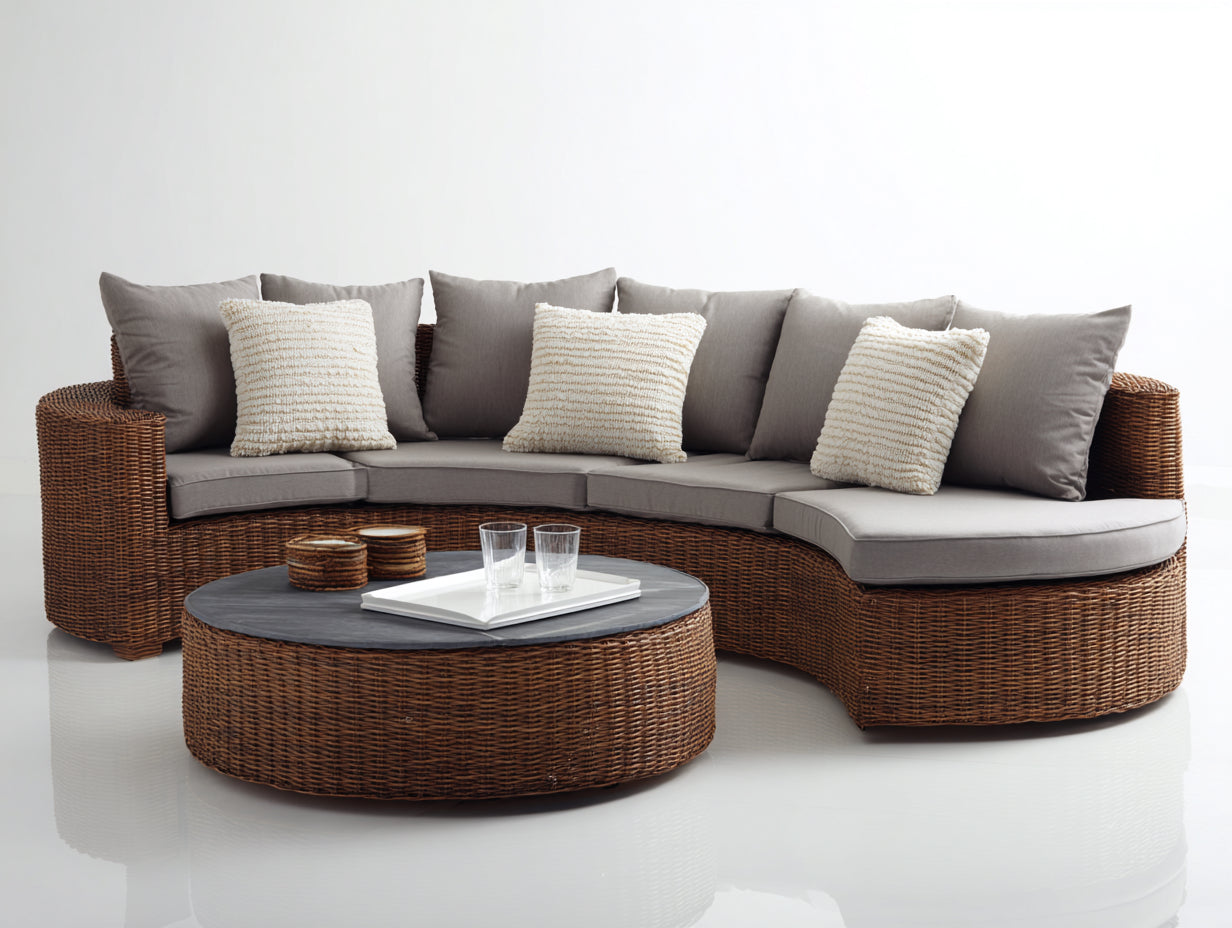 Gartensofa - Gebogenes Gartensofa aus Polyrattan mit rundem Couchtisch - 320 x 210 x 85 cm - Braun und Grau - 5 Sitzplätze - Modernes Design