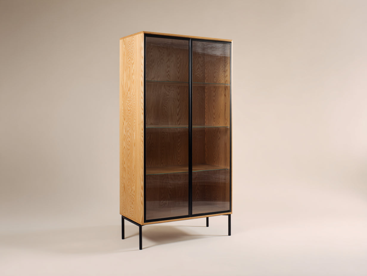 Vitrinen aus Holzwerkstoff Glas und Metall 100 x 40 x 190 cm - Naturholz und Schwarz - 2 Glastüren mit erhöhtem Metallgestell