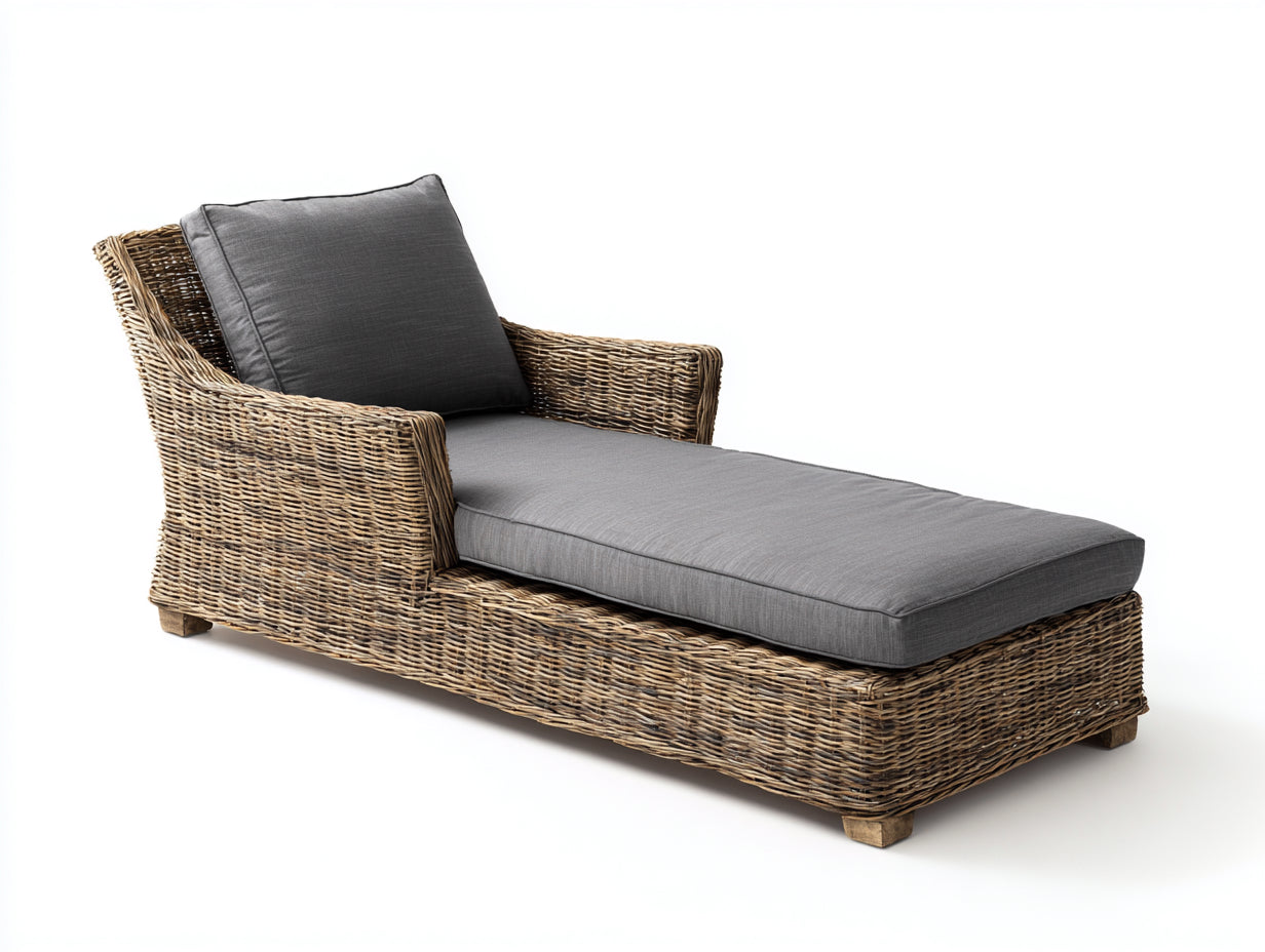 Sonnenliege - Gartenliege aus Rattangeflecht 190 x 80 x 88 cm - Natur und Dunkelgrau - Hohe Rückenlehne Armlehnen und gepolsterte Liegefläche - Modernes Design