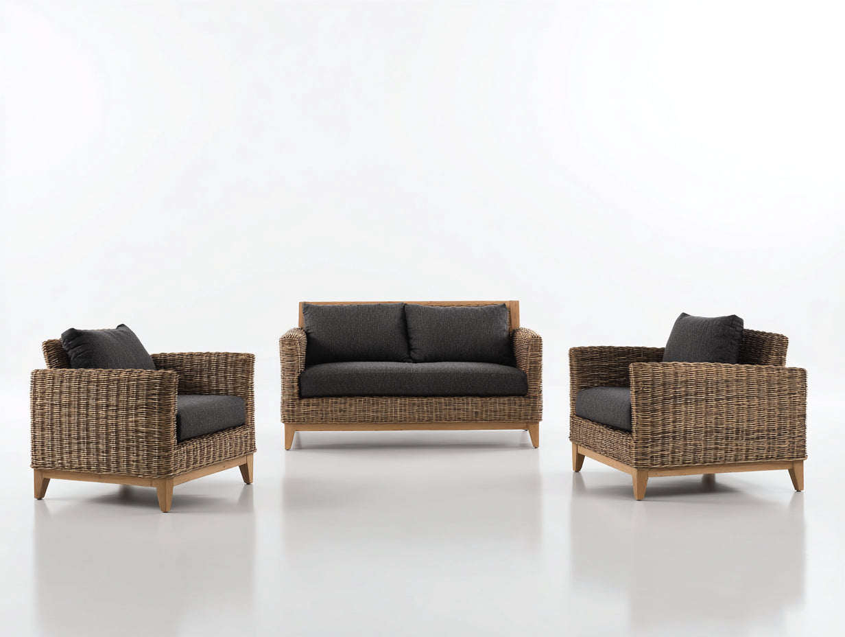Gartensofa - 3-teiliges Lounge-Set aus Polyrattan und Holz 150 x 80 x 78 cm - Natur und Dunkelgrau - 4 Sitzplätze - Modernes Design
