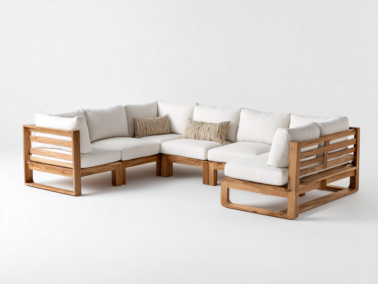Gartensofa aus Holz 310 x 225 x 80 cm - Naturfarben und Cremeweiß - modulares U-Form-Design für 6 Personen