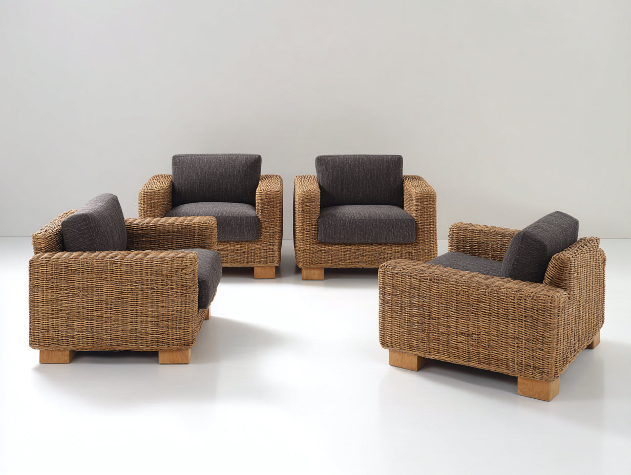 Gartensofa Lounge-Set aus Polyrattan mit Sesseln je 88 x 82 x 78 cm - Natur und Dunkelgrau - 4-teilig mit breiten Armlehnen und Holzfüßen