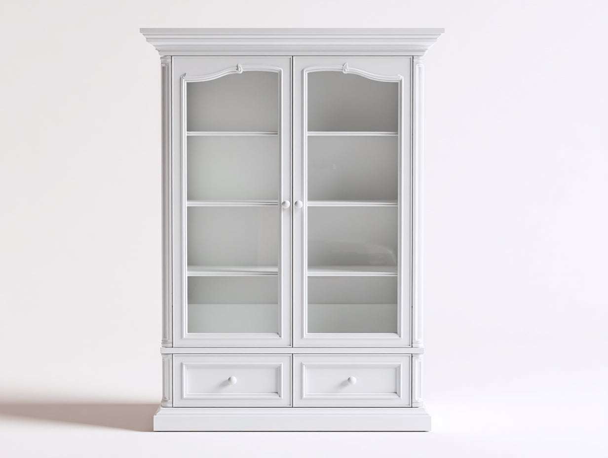 Vitrinen aus Holzwerkstoff und Glas 120 x 45 x 190 cm - Weiß - Klassischer Vitrinenschrank mit 2 Glastüren 2 Schubladen und Einlegeböden