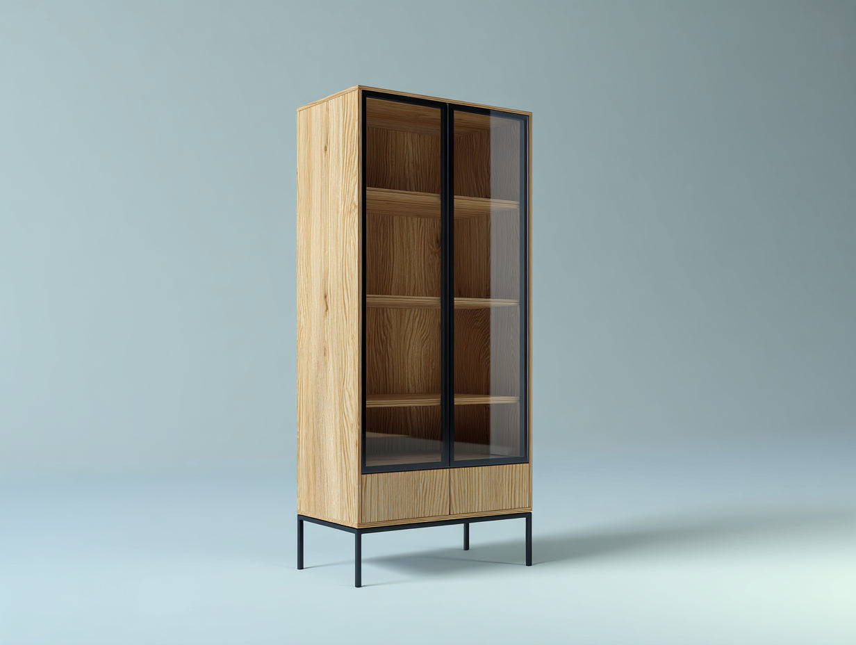 Vitrine mit 2 Glastüren und 3 Holzeinlegeböden aus Holzwerkstoff und Metall 90 x 42 x 185 cm - Naturholz und Schwarz - Modernes Design für Wohnzimmer und Esszimmer