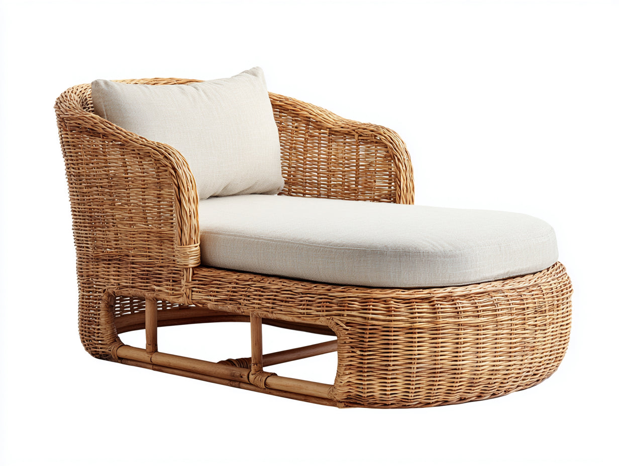 Sonnenliege aus Rattangeflecht mit Armlehnen 175 x 90 x 88 cm - Naturbraun und Cremeweiß - Geschwungene Relaxliege für Terrasse und Wintergarten