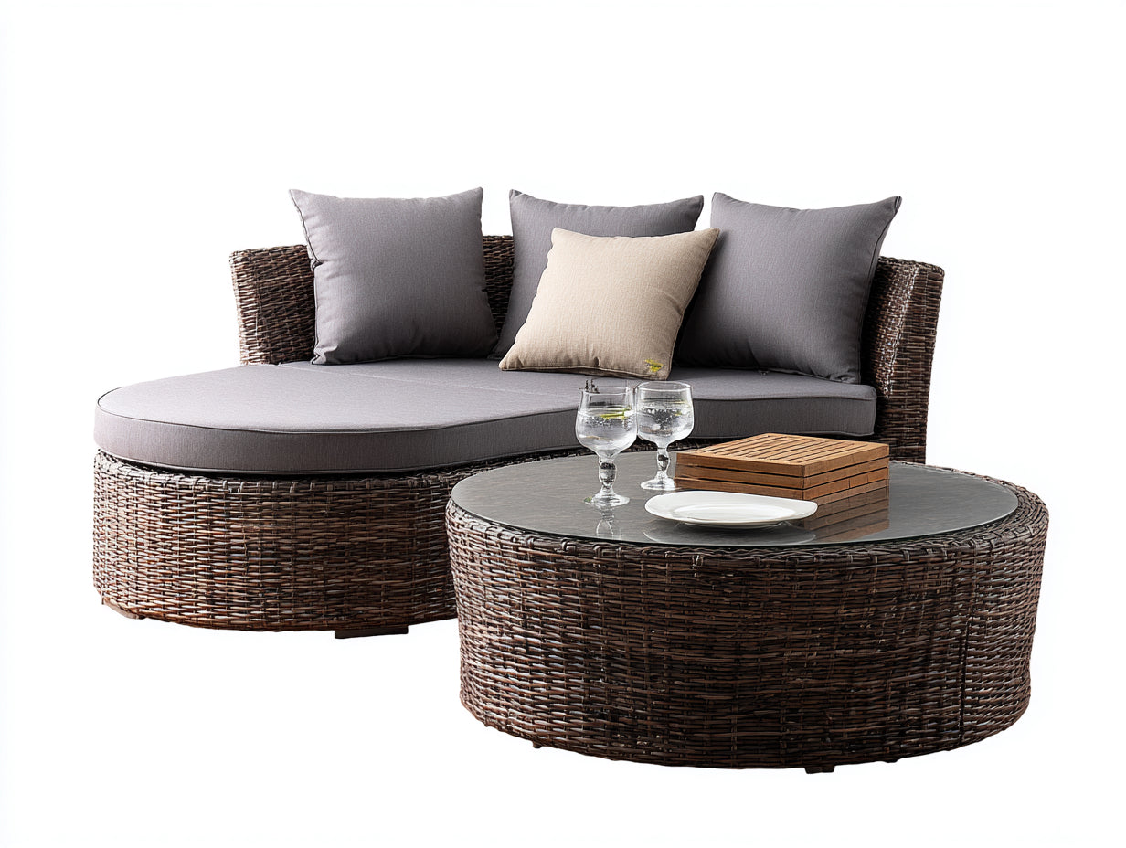 Gartensofa Set aus Geflecht und Glas 190 x 100 x 75 cm - Braun und Grau - Halbrundes Sofa mit Couchtisch