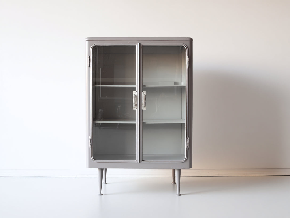 Vitrinen - Vitrinenschrank aus Metall und Glas 90 x 42 x 145 cm - Graubeige und Silberfarben - 2 Glastüren 2 Ablageböden und erhöhte Beine - Retro-Design